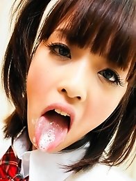 Rin Yuzuki Asian gets cum in mouth after sucking cocks and dildo