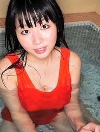 Megumi Suzumoto with big boobs in orange bath suit loves sports