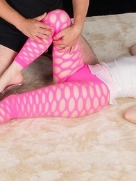 Pink pantyhose brunette Yuma Miyazaki gets her legs and toes fucked on camera