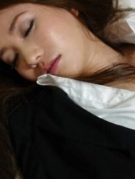 Akari Niiyama gets cum on shaved crack after sucking and riding cock.