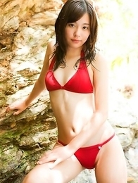 Mikako Horikawa with hot body in red lingerie plays outdoor