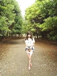 Riko Tabe shows boobs and trimmed pussy under skirt in a park.