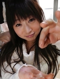 Miku Tamaru in sweater sucks cock so fine and pours cum in her palm.