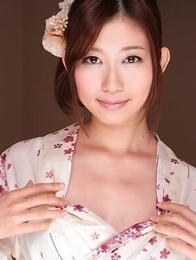 Natsume Inagawa shows round boobs and hairy pussy under kimono.