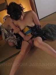 Tsubaki Kato and Maki Hojo rub and lick each other pussy under kimono.