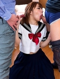 Schoolgirl Mari Rika sucking two cock