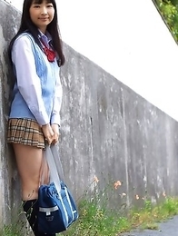 Kotone Moriyama in uniform bends and shows ass on street